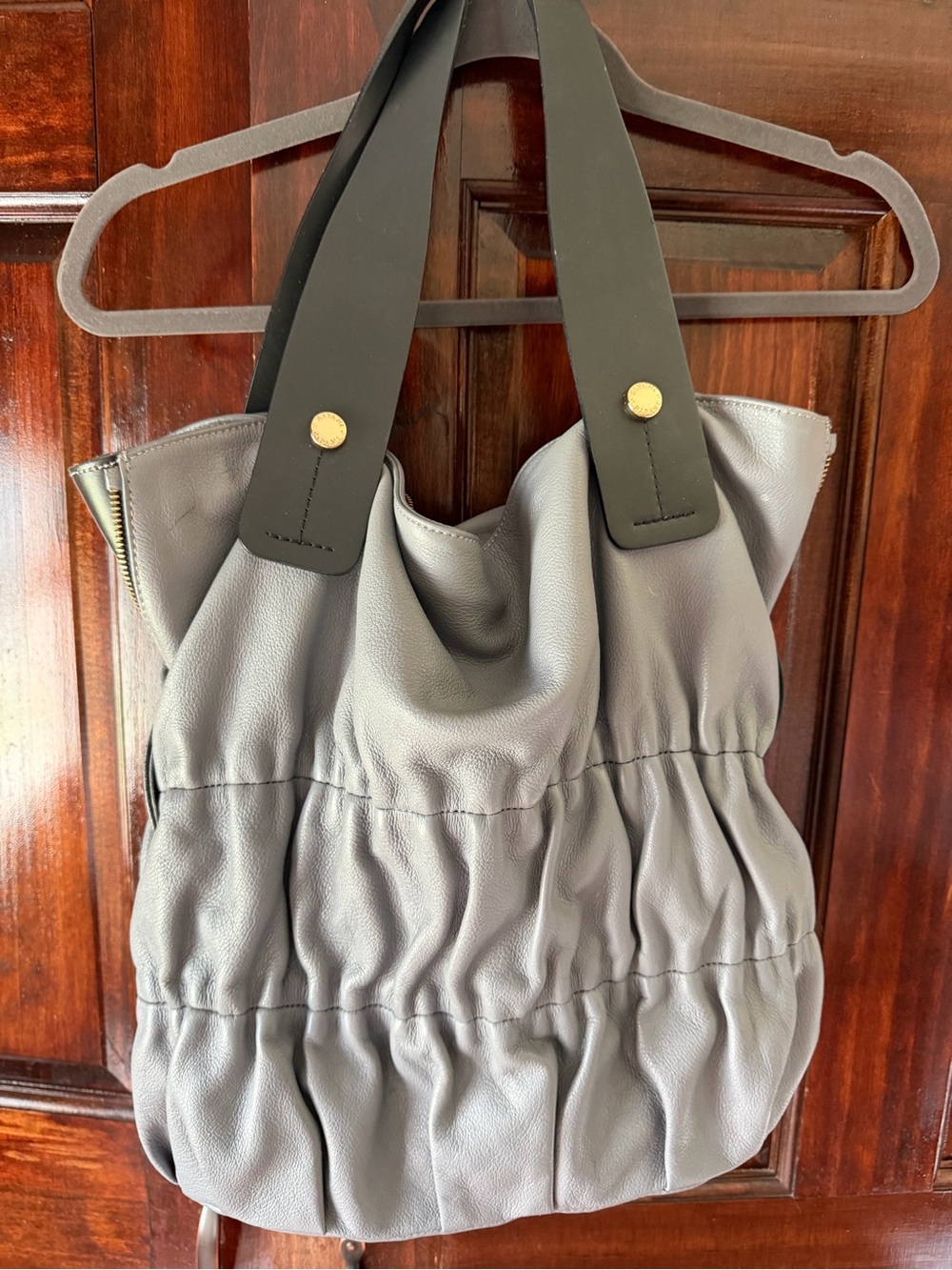 Ripani Gray Gathered Leather Tote Bag with Black Straps